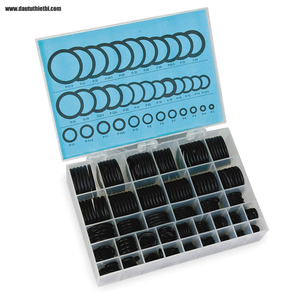 Bộ O ring 380 chiếc O-Ring Assortment, Buna N, 70 Shore A Metric, Number of Pieces: 380, Number of Sizes: 36
